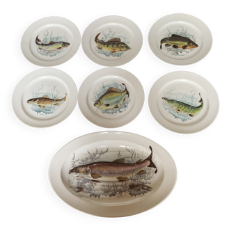 6 assiettes et 1 plat à poisson en porcelaine de Limoges