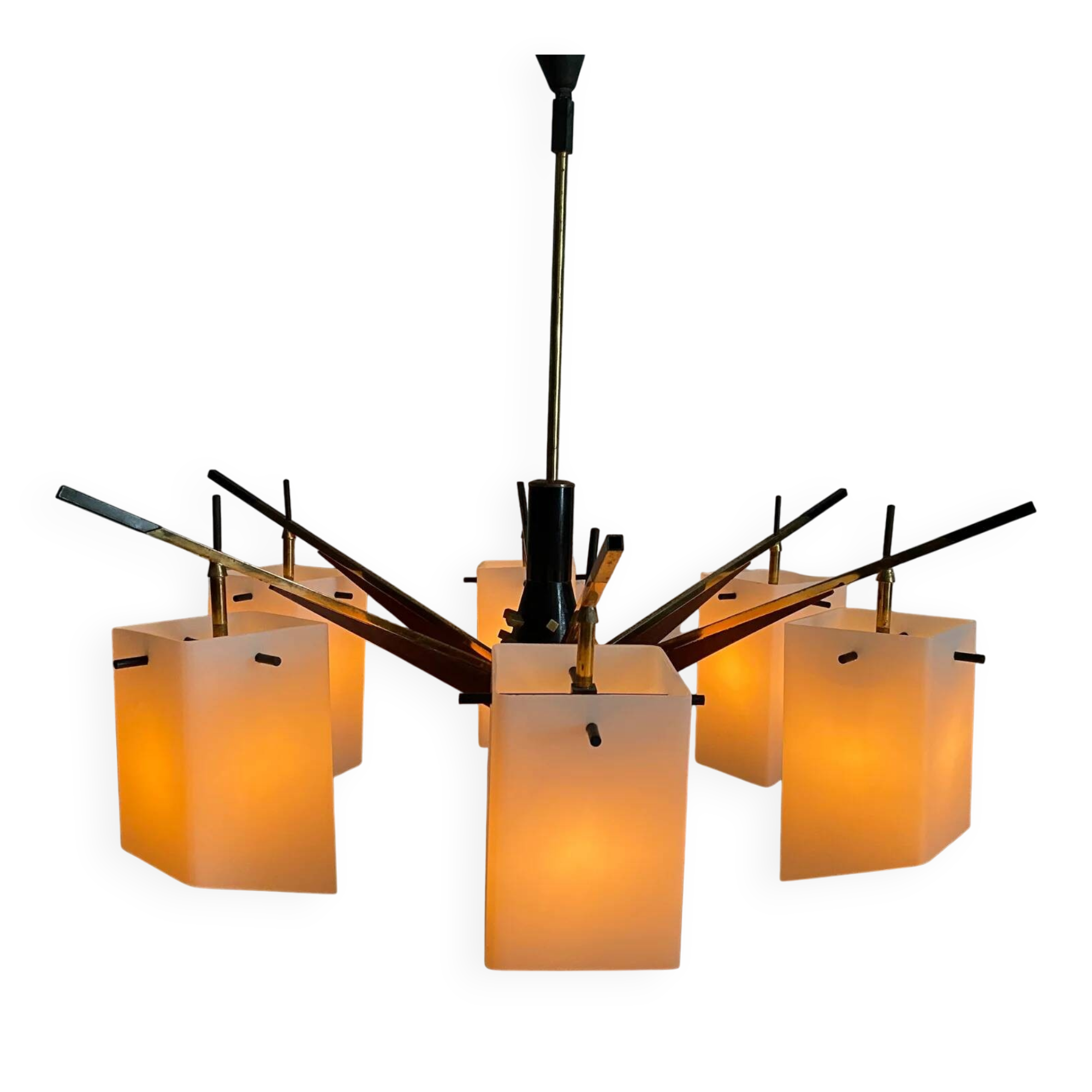 Six-armed chandelier with frosted glass lampshade, Stilux, Italy, 1960s.