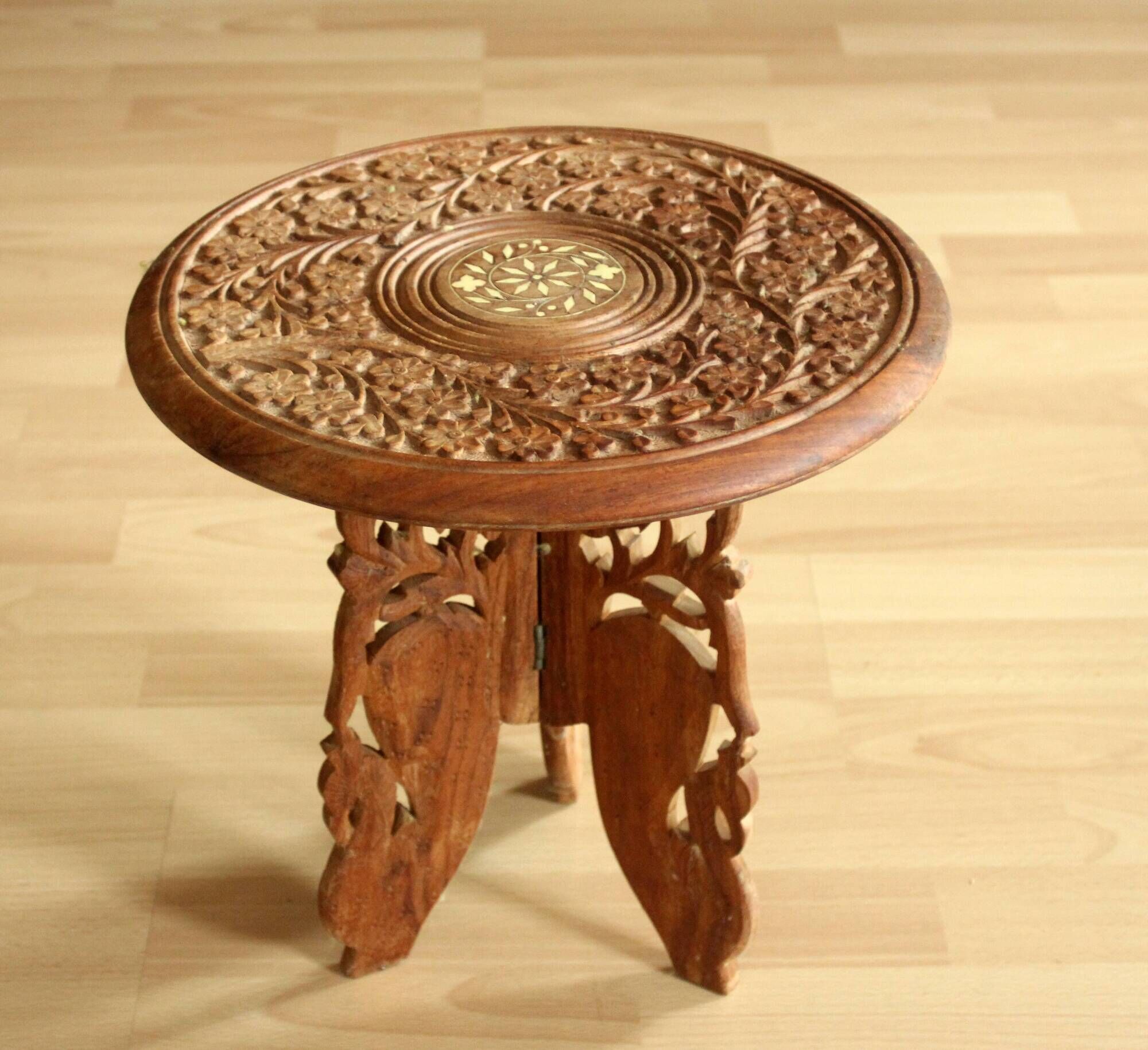 Handmade hand carved wooden plant stand, vintage from the 1970s
