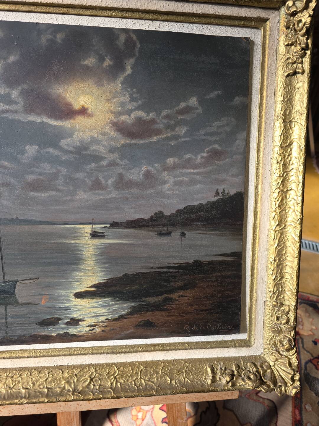Old painting signed Roger de la Corbières – Seascape in the moonlight