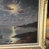 Old painting signed Roger de la Corbières – Seascape in the moonlight