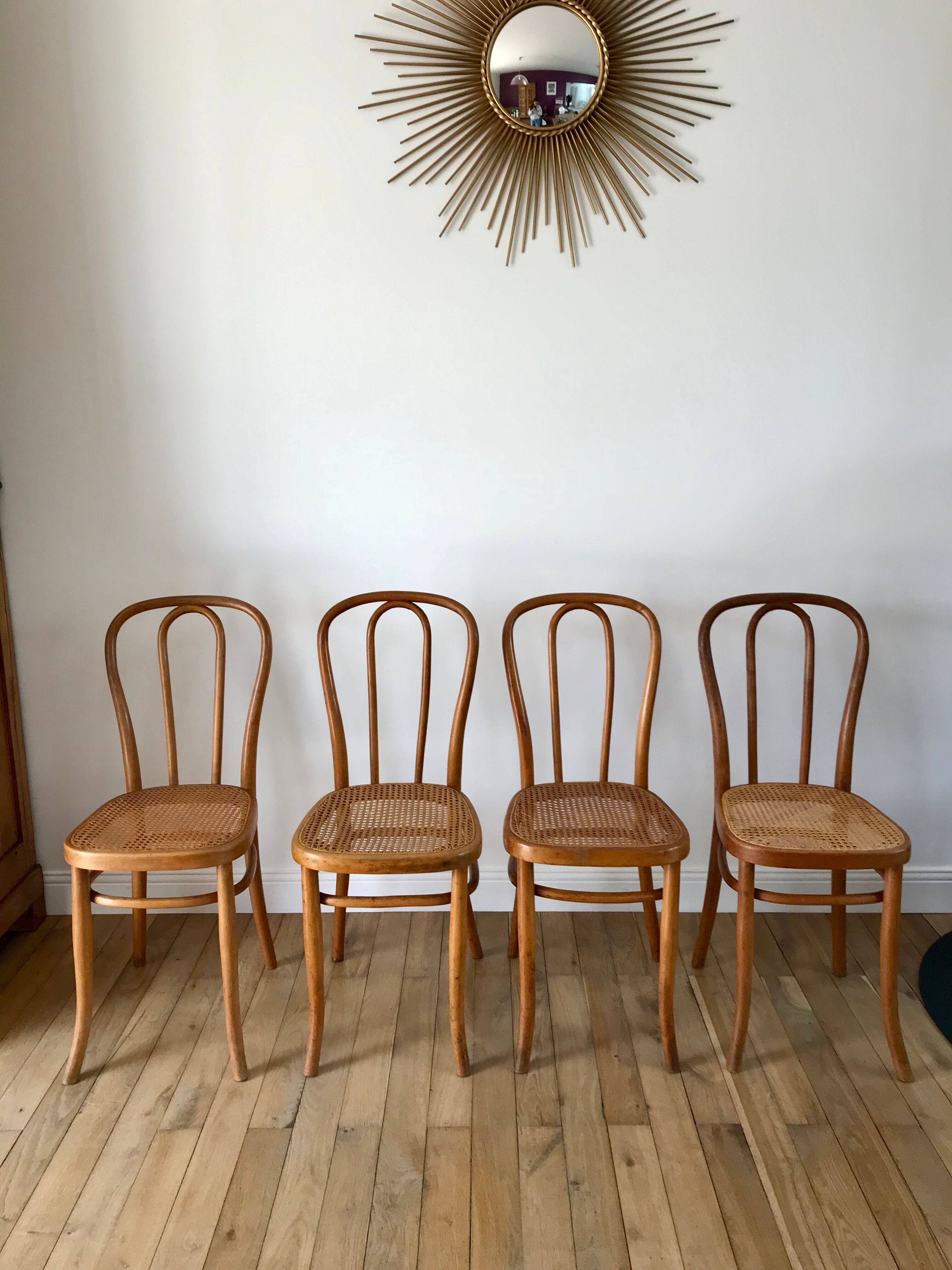 Set of 4 cane chairs in bentwood and honey-coloured cane thonet early 20th century