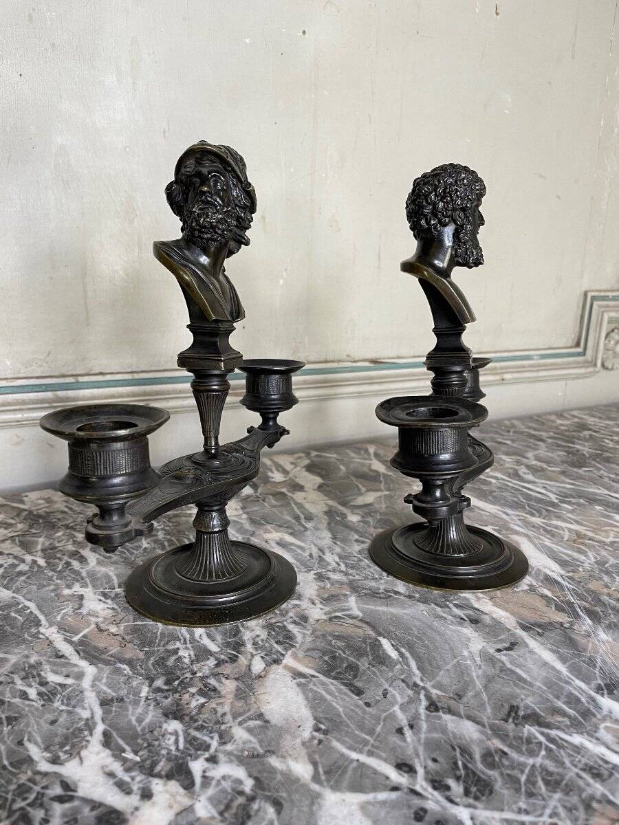Pair of bronze candlesticks with a black patina in the antique style