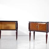 Set Of 2 Italian Midcentury Walnut Burl And Brass Bedside Tables / Cabinets