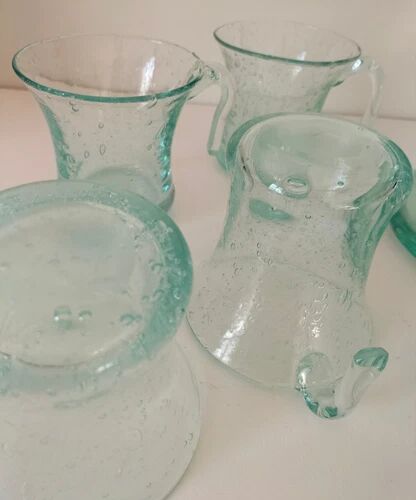 Service en verre soufflé bullé vert d'eau – Coupe sur pied, 5 tasses et louche