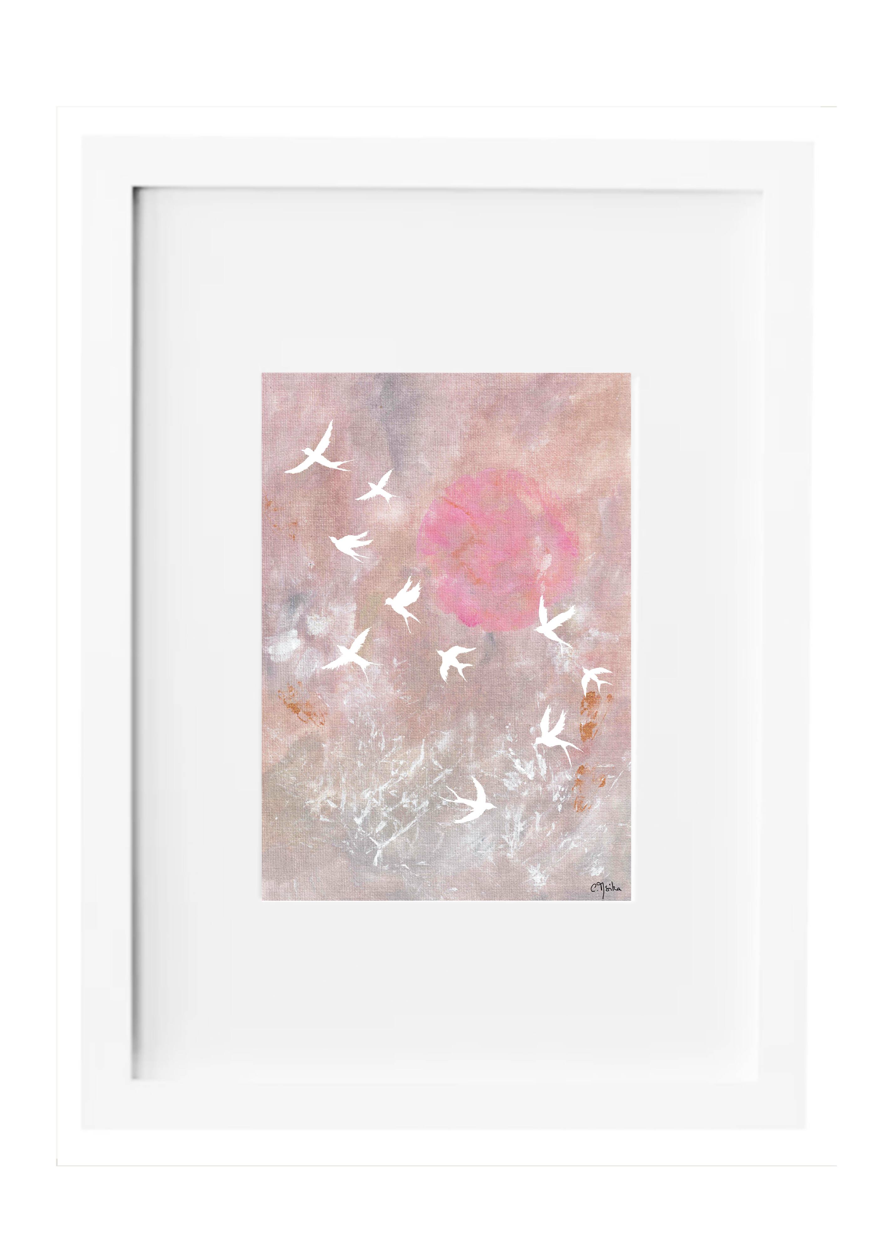 Art print, Flight and pink sun.