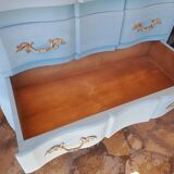 Commode en bois massif repeint bleu lagune style Louis XV à 2 tiroirs