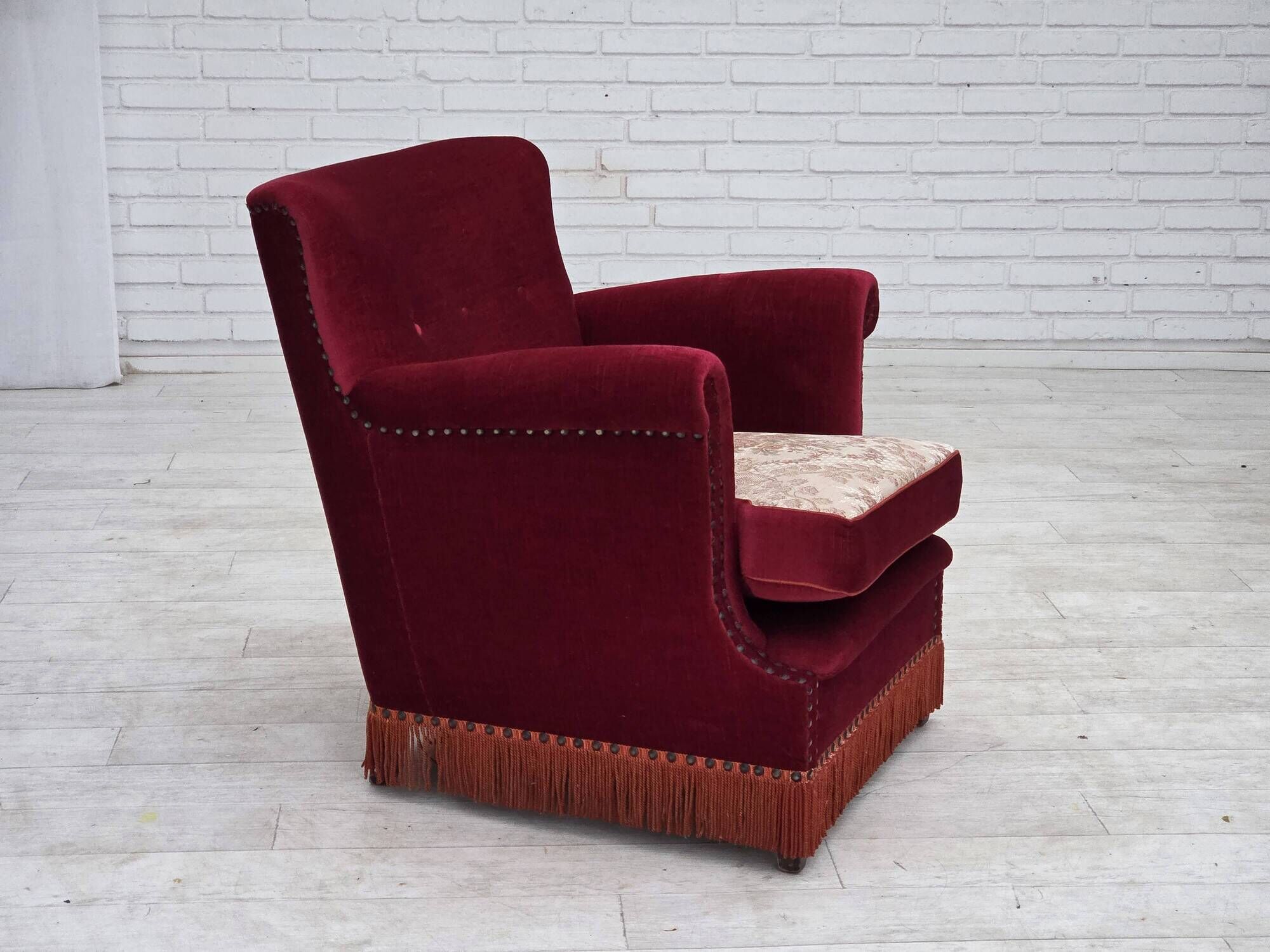 1970s, Danish armchair, furniture velour, ash wood legs.