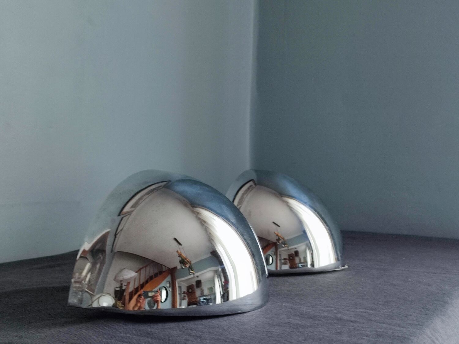 Pair of vintage chromed metal half-moon wall lamp