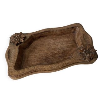 Small tray or storage compartment in mango wood with carved flowers (edelweiss).
