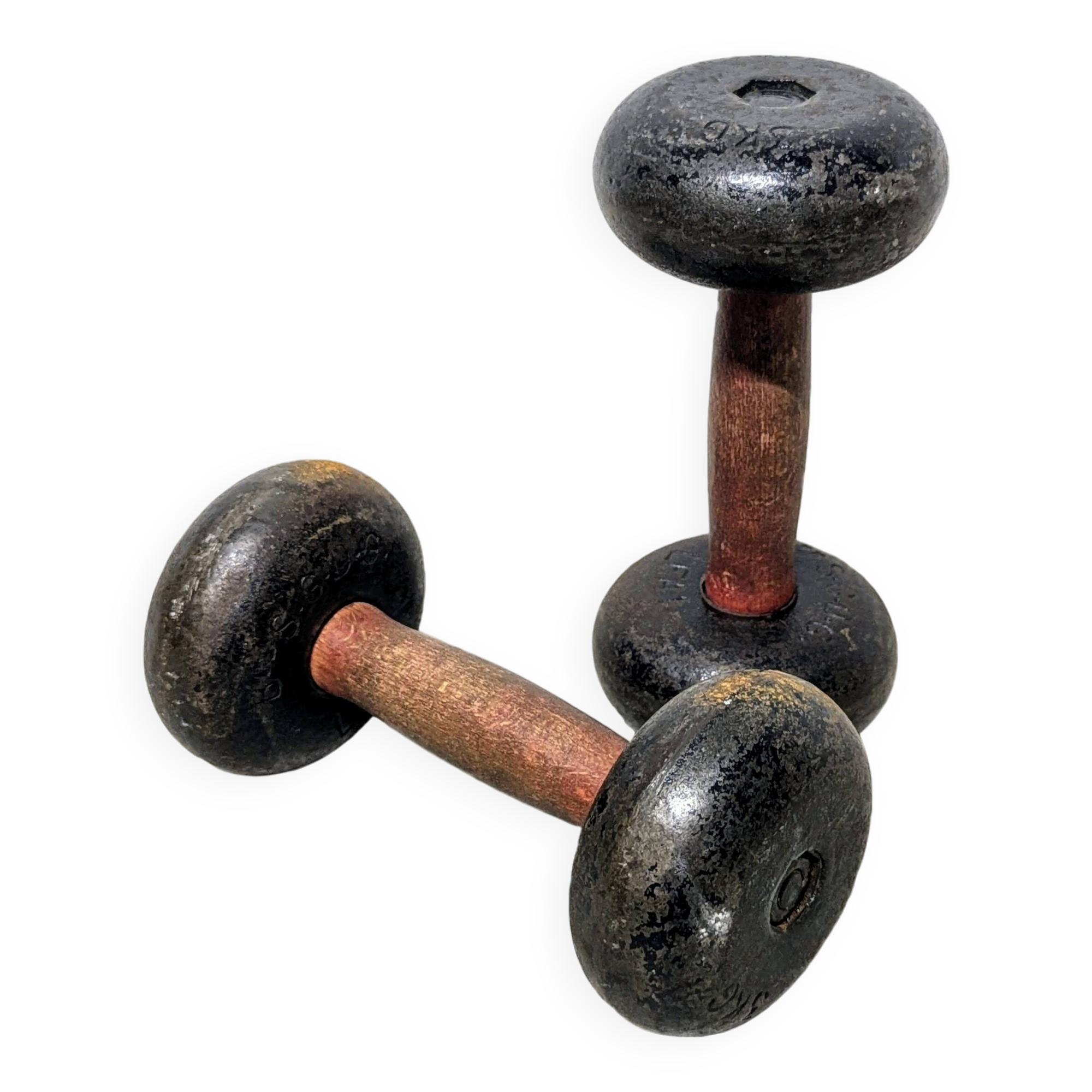 Pair of vintage cast iron and wood dumbbells