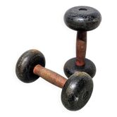 Pair of vintage cast iron and wood dumbbells