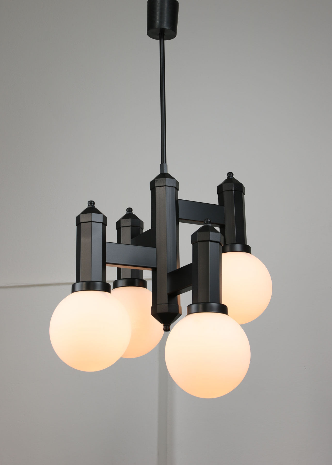 Vintage Geometric Black and Opaline Glass Ceiling Lamp