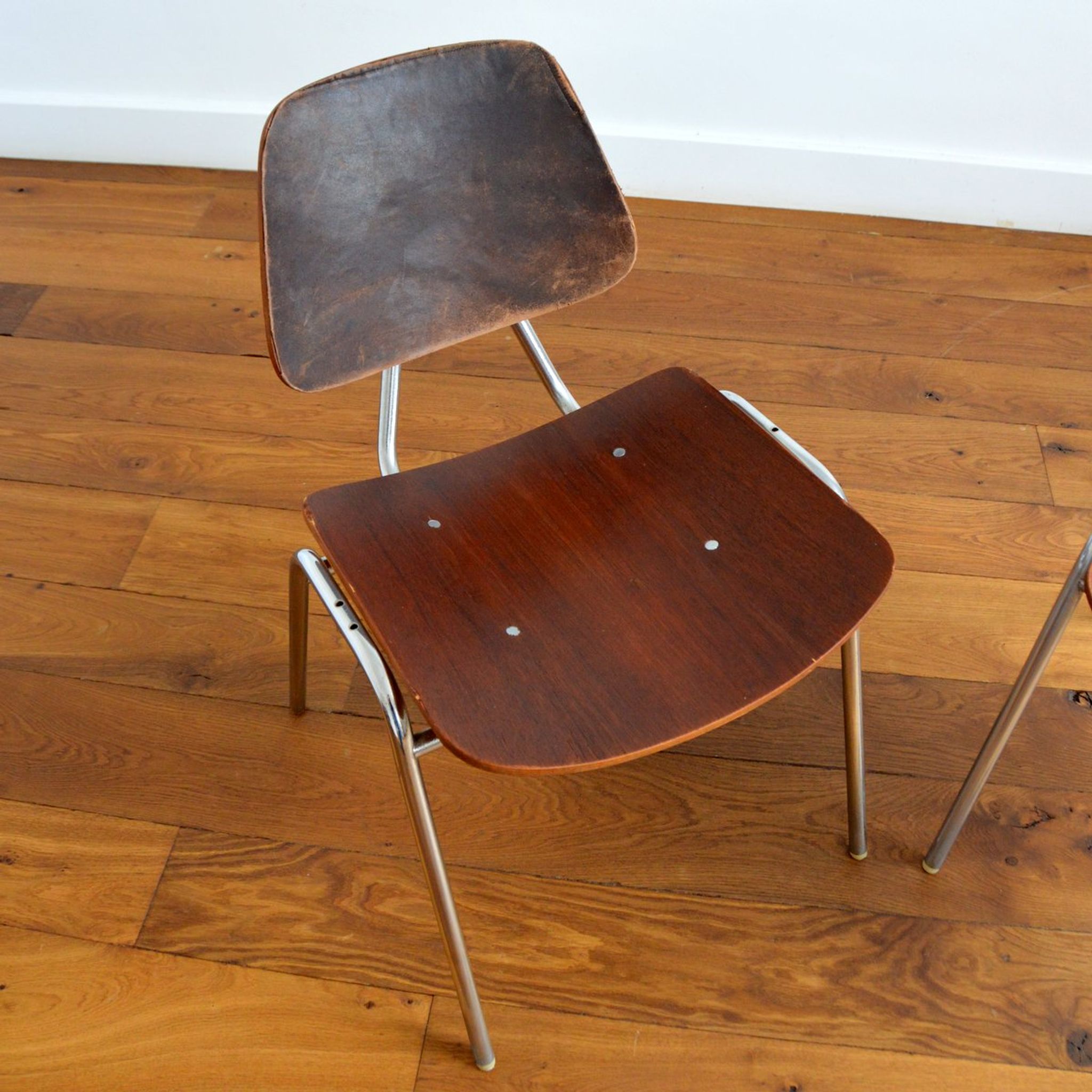 Pair of Thonet chairs in wood – metal and leather 1950s