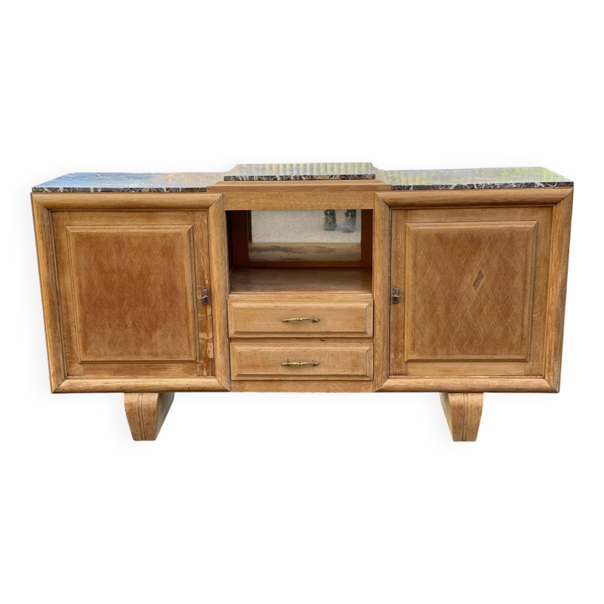 Renovated art deco sideboard in raw solid oak and gray marble 200cm
