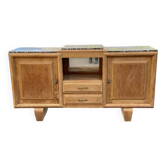 Buffet enfilade art déco rénovée en chêne massif brut et marbre gris 200cm