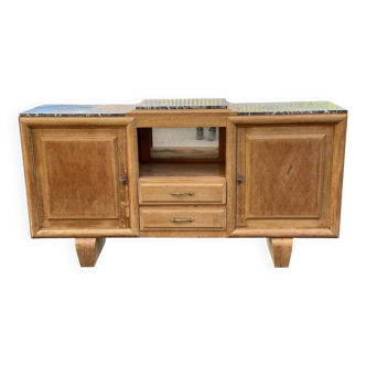 Renovated art deco sideboard in raw solid oak and gray marble 200cm