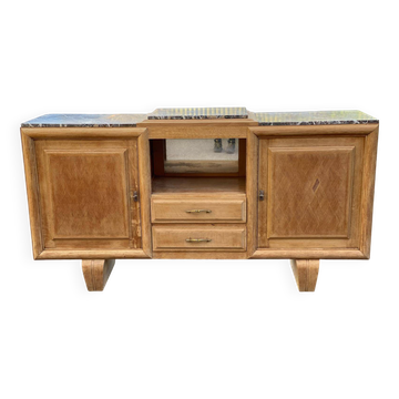 Buffet enfilade art déco rénovée en chêne massif brut et marbre gris 200cm