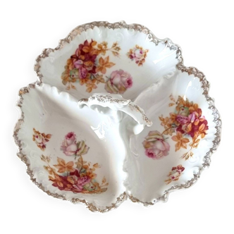 Assiette ou Source à Servir Apéritifs ou Fruits en Porcelaine Ancienne Française Fleurs et Or.