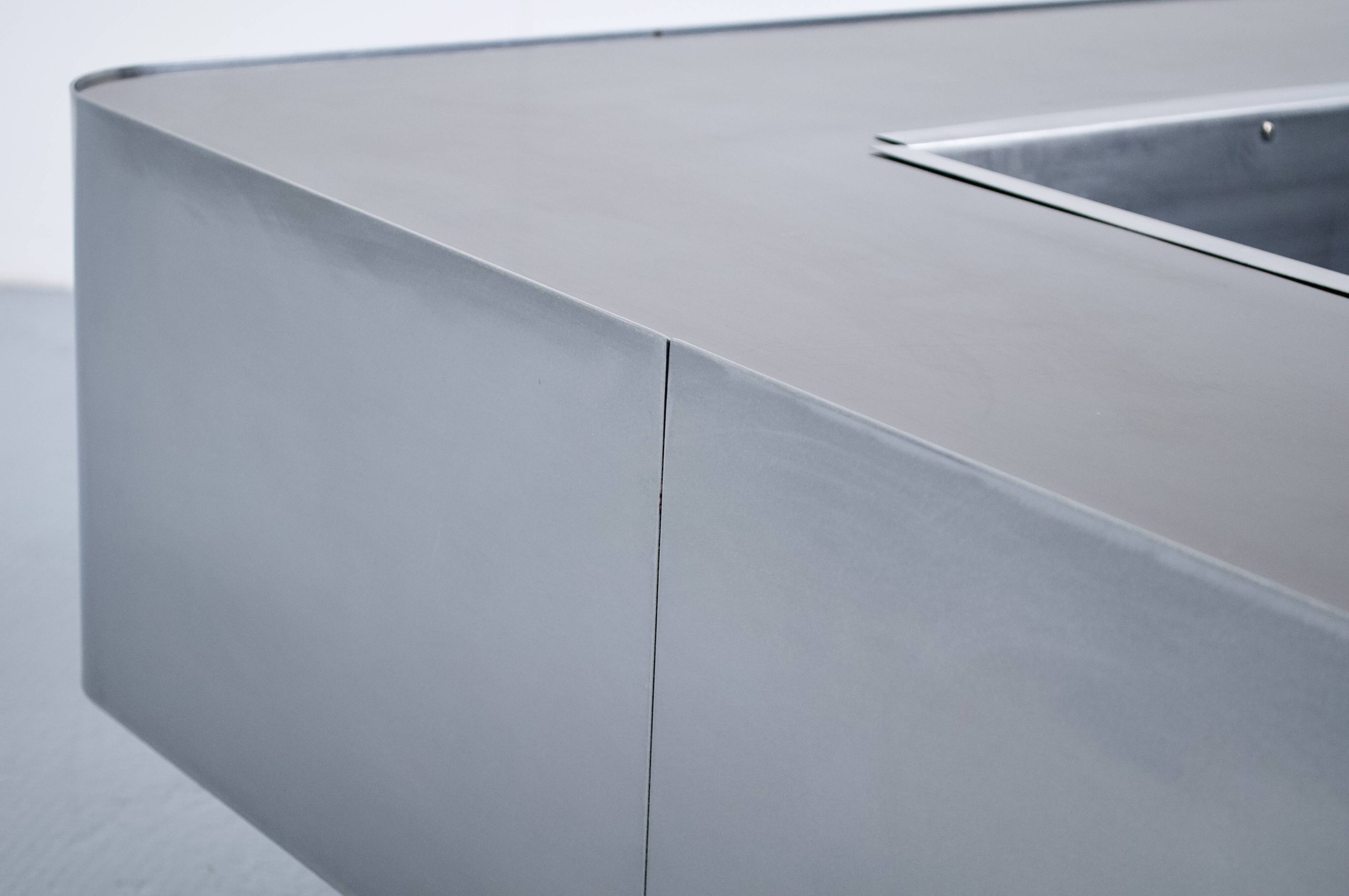 1970s COFFEE TABLE BAR BRUSHED STEEL AND BROWN MELAMINE