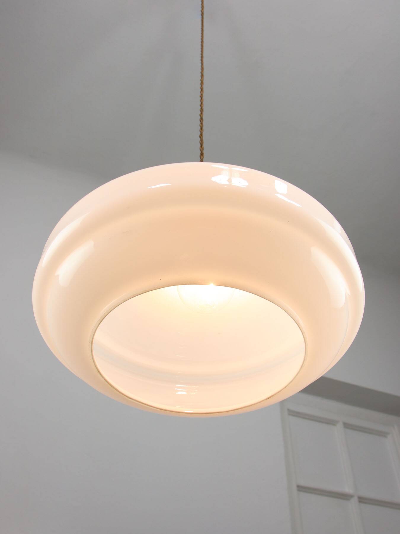 Mid-Century Italian White Glass and Brass Pendant Lamp