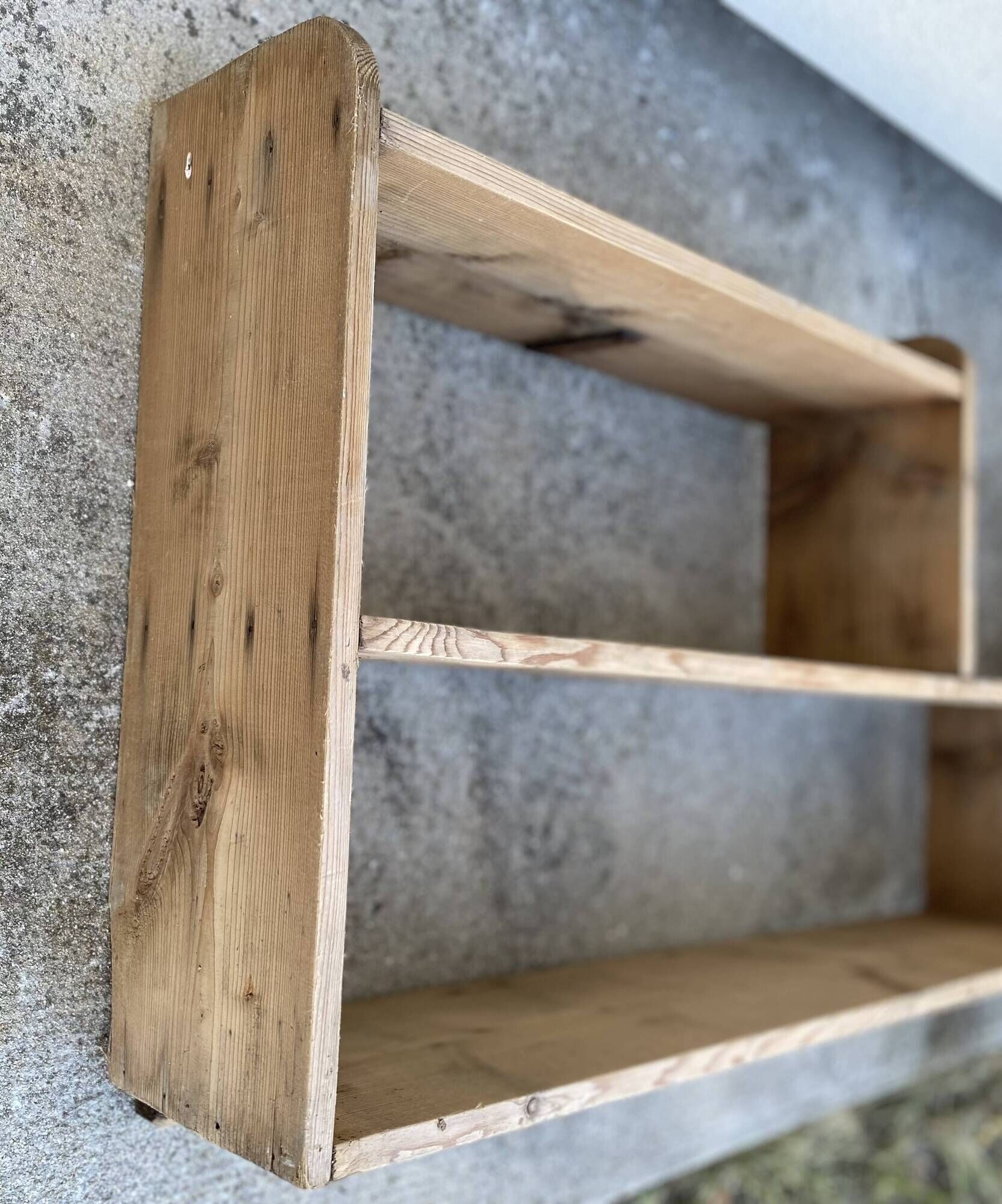 Large vintage wall shelf in raw wood
