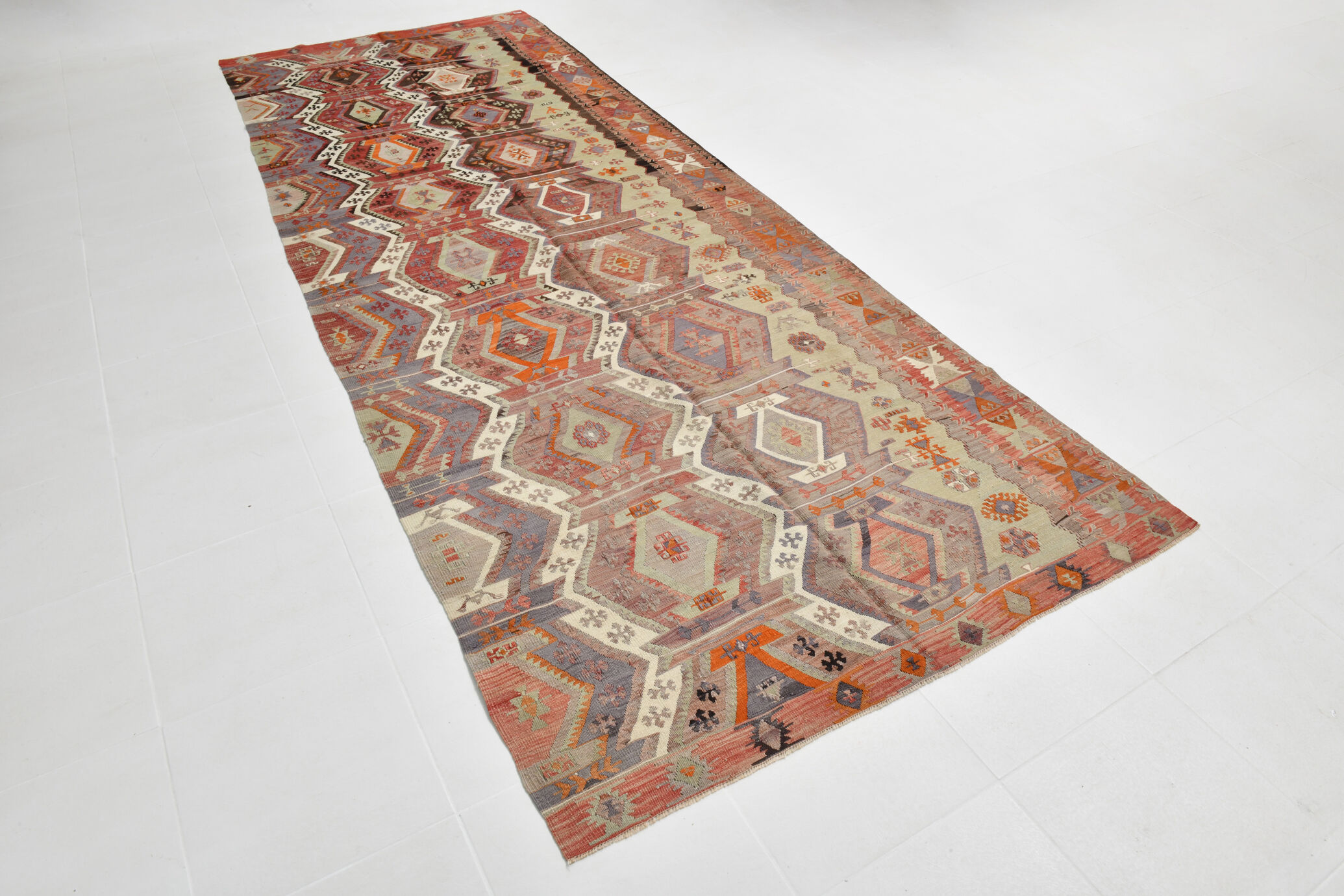 153x412Cm Soft Handmade Wool Vintage Kilim Rug,