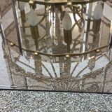 70s designer chandelier with smoked glass plates and gold metal frame