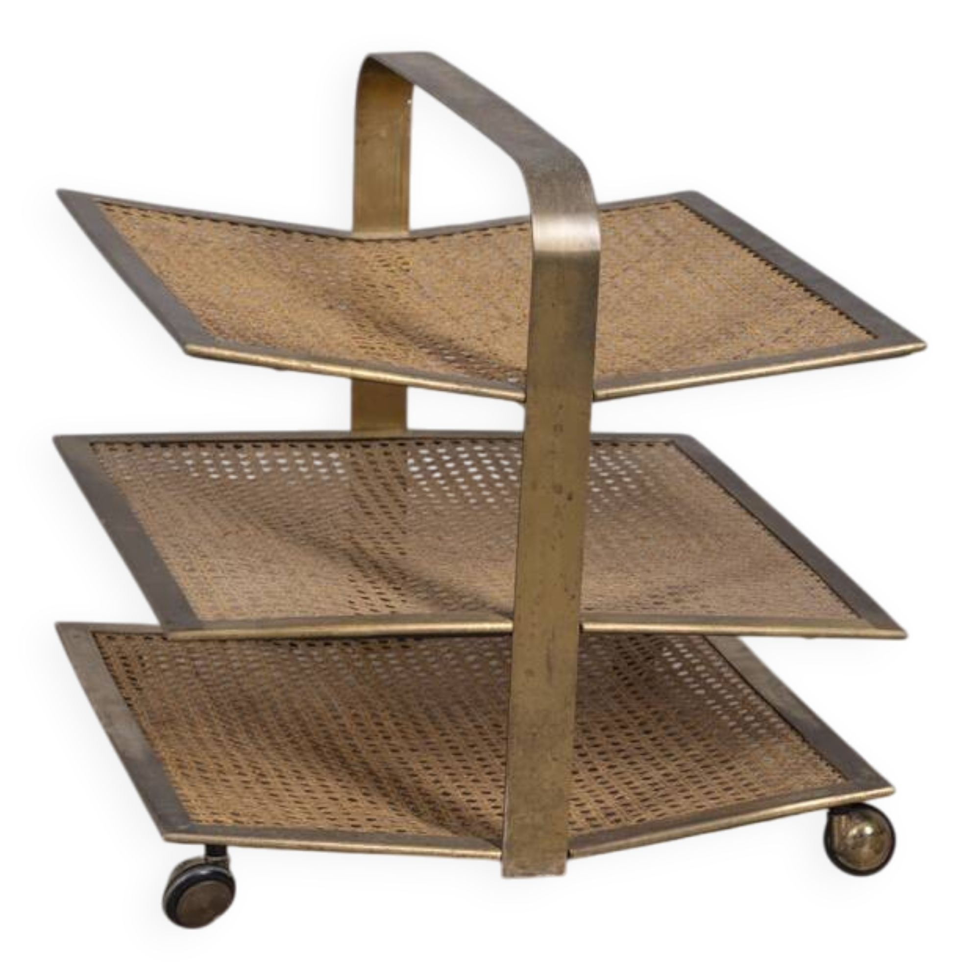 VINTAGE 1960S MAGAZINE RACK IN BRASS AND VIENNA STRAW ITALIAN DESIGN