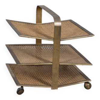 VINTAGE 1960S MAGAZINE RACK IN BRASS AND VIENNA STRAW ITALIAN DESIGN