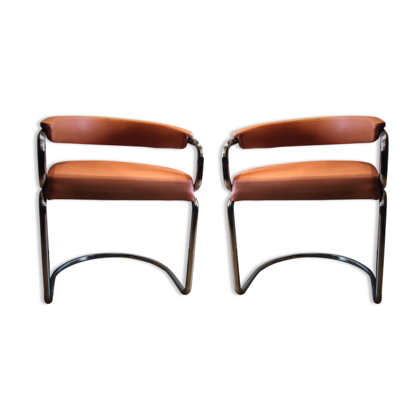 2 victoria armchairs 70s chrome tube and skaï terracotta color