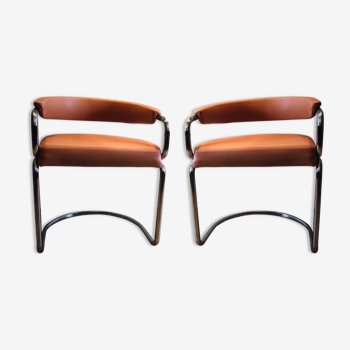 2 victoria armchairs 70s chrome tube and skaï terracotta color