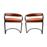 2 victoria armchairs 70s chrome tube and skaï terracotta color
