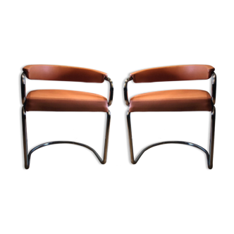 2 victoria armchairs 70s chrome tube and skaï terracotta color
