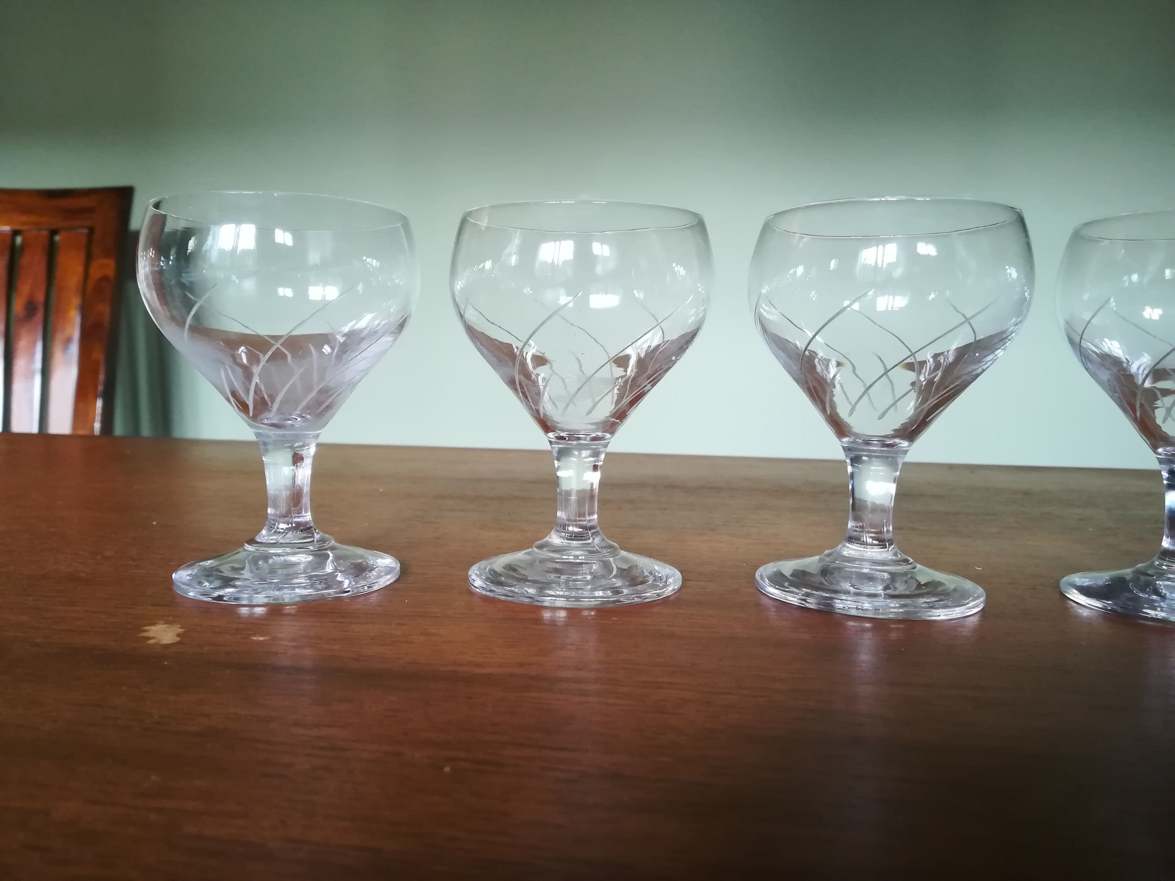 Five engraved vintage glasses white wine or aperitif glasses