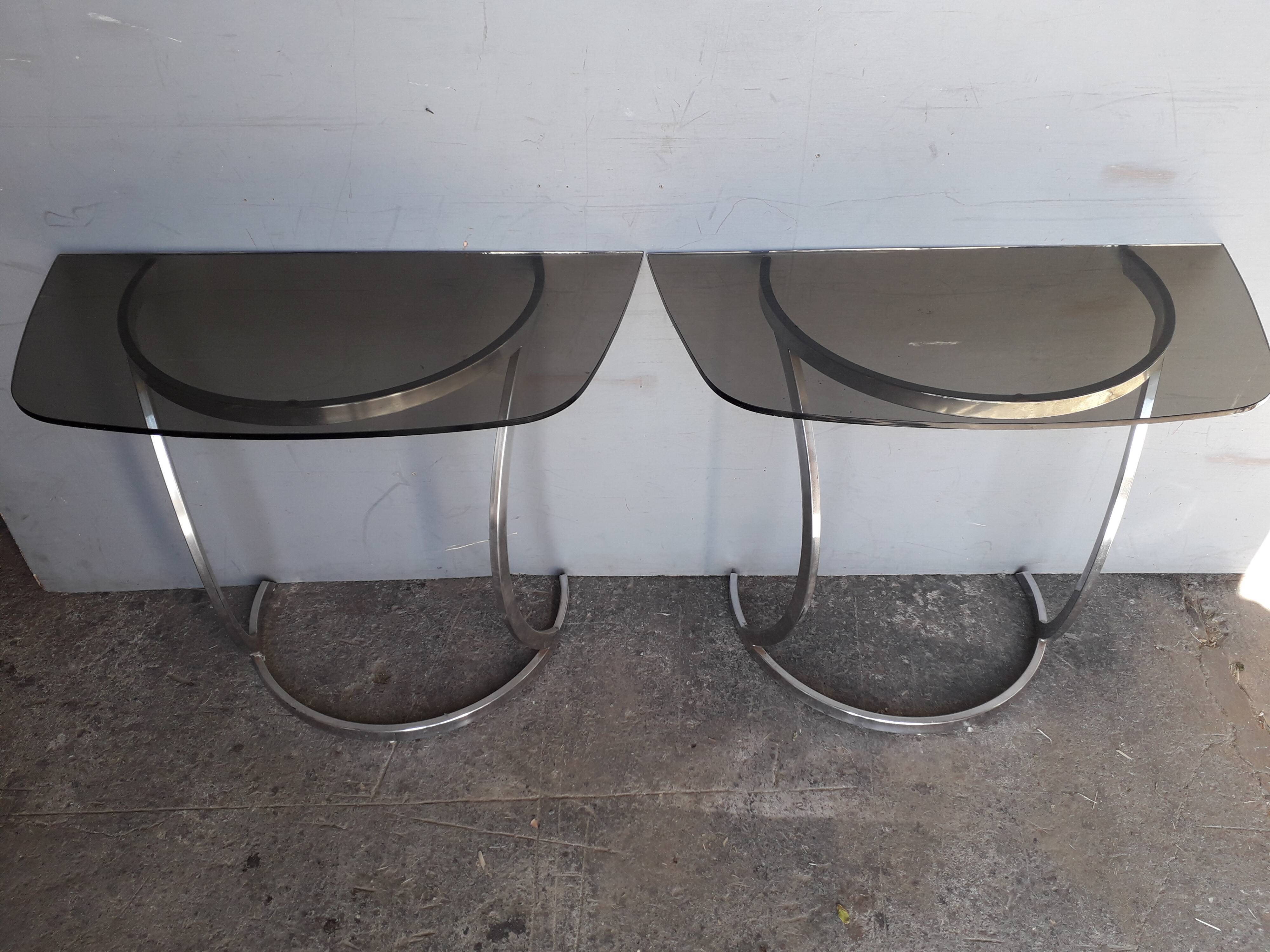 Paire de console demi lune chrome et verre ep 1970
