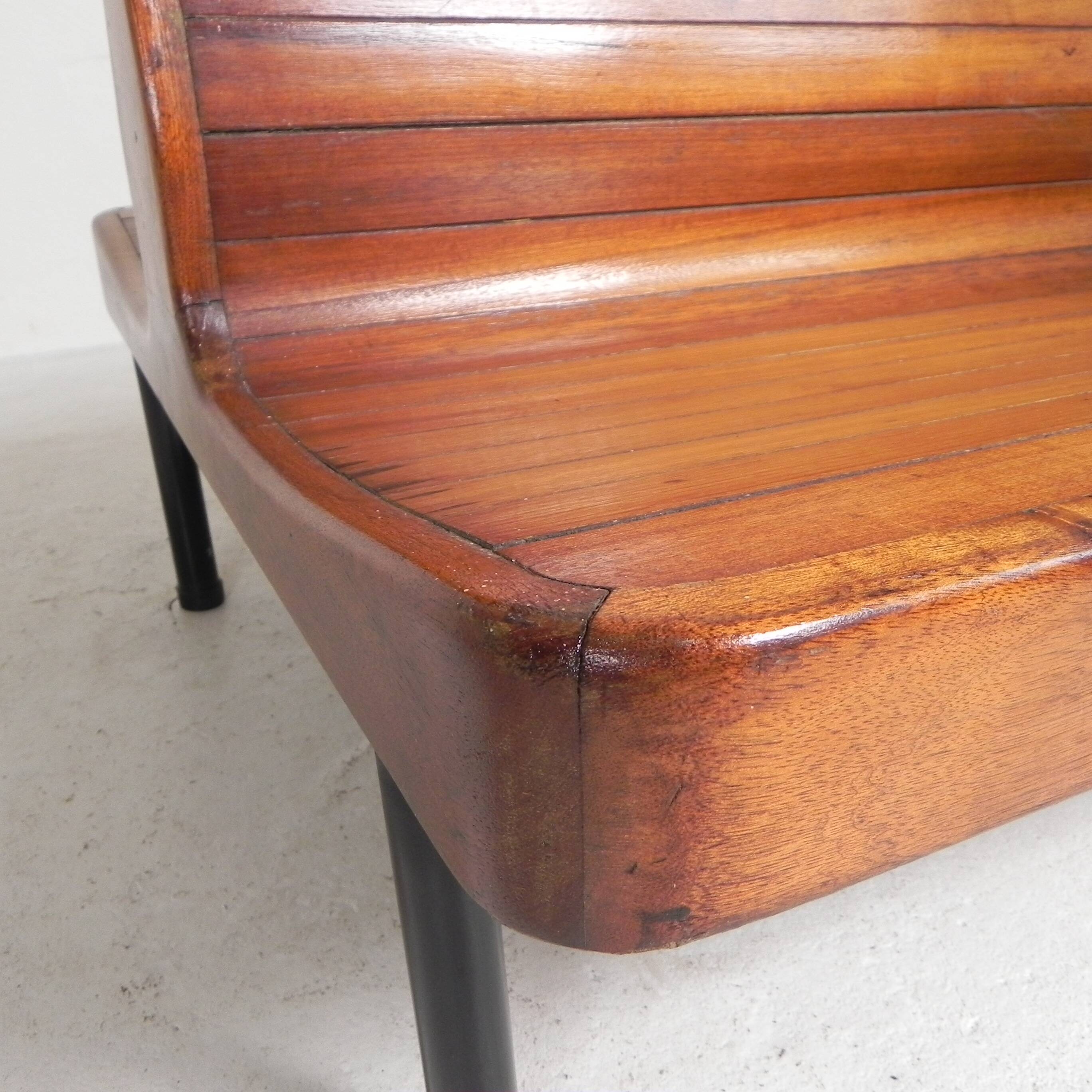 Banc de train en teck double face, années 1930