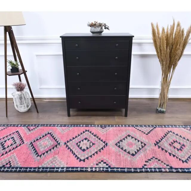 1970s Turkish Handmade Wool Pink Runner 81x363