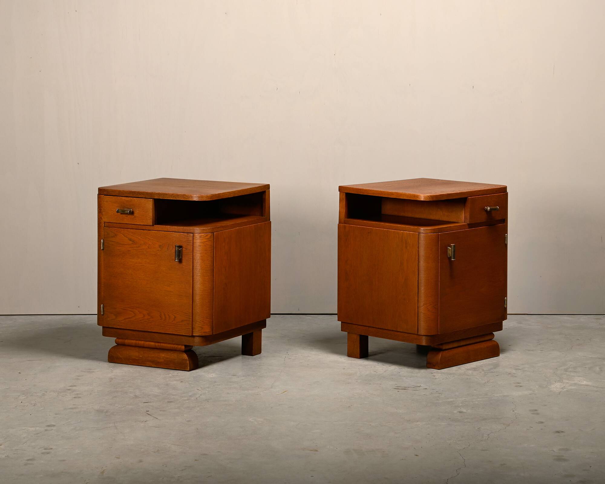 Pair Art Deco Nightstands or Bedside tables Oak and Glass, Netherlands, 193