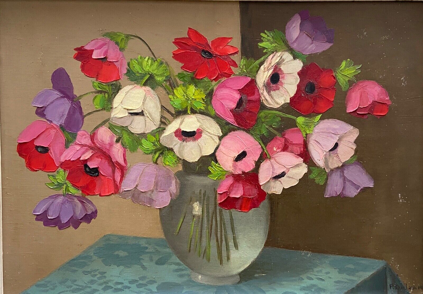 Oil on canvas still life by primo dolzan xxth bouquet of flowers