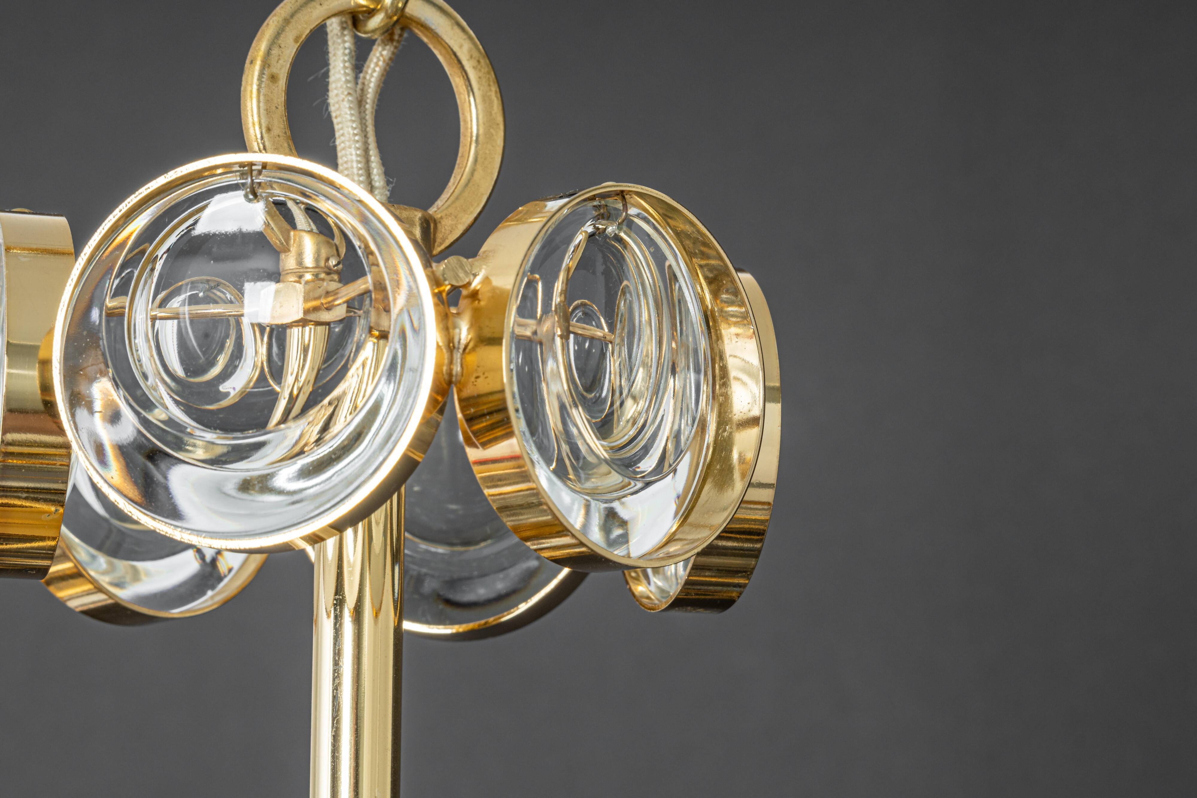 Brass and crystal chandelier designed by Sciolari for Palwa, Germany, 1970s.