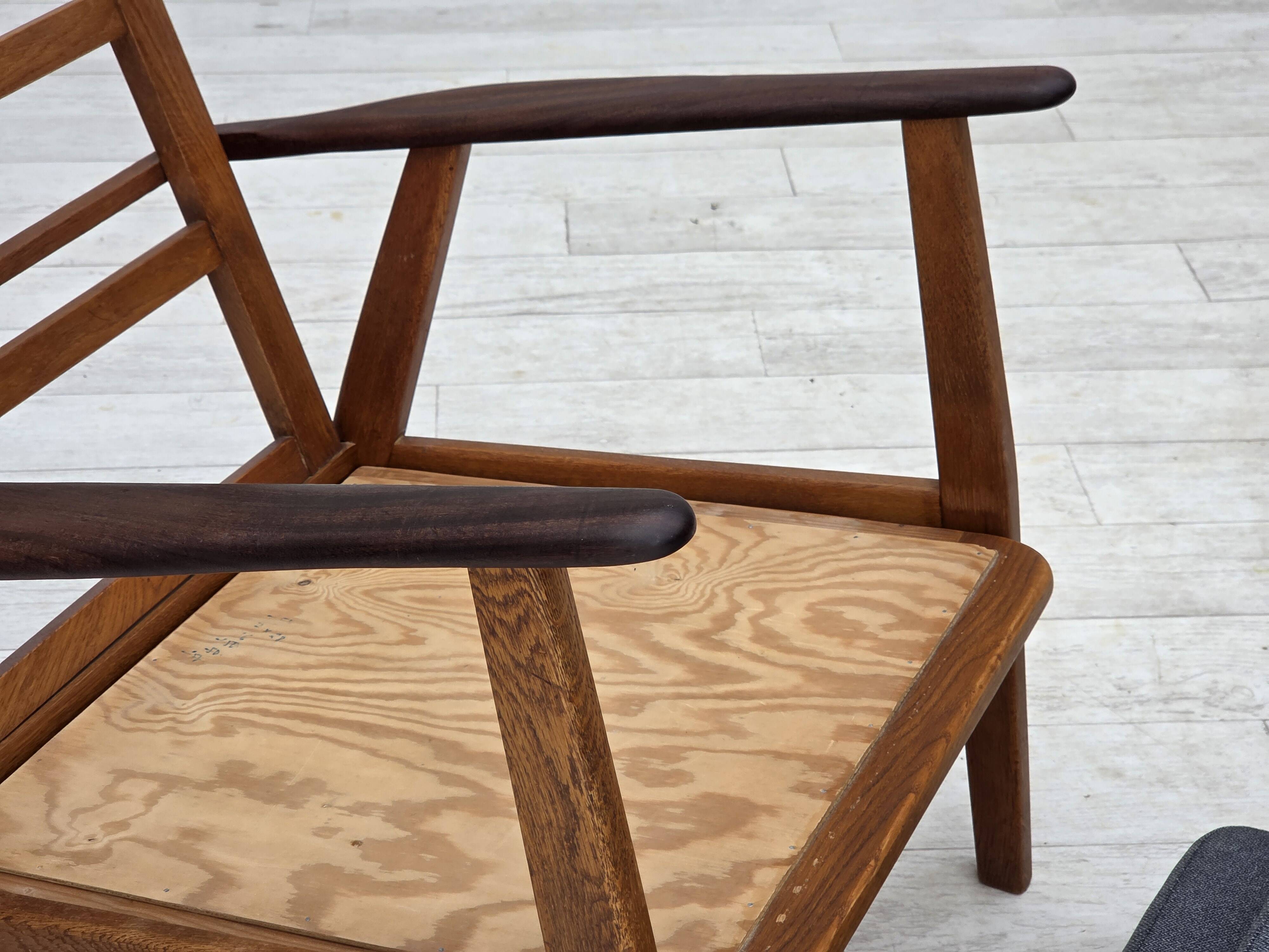 1970s, pair of Danish armchairs, reupholstered, furniture wool, teak, oak.