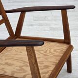 1970s, pair of Danish armchairs, reupholstered, furniture wool, teak, oak.