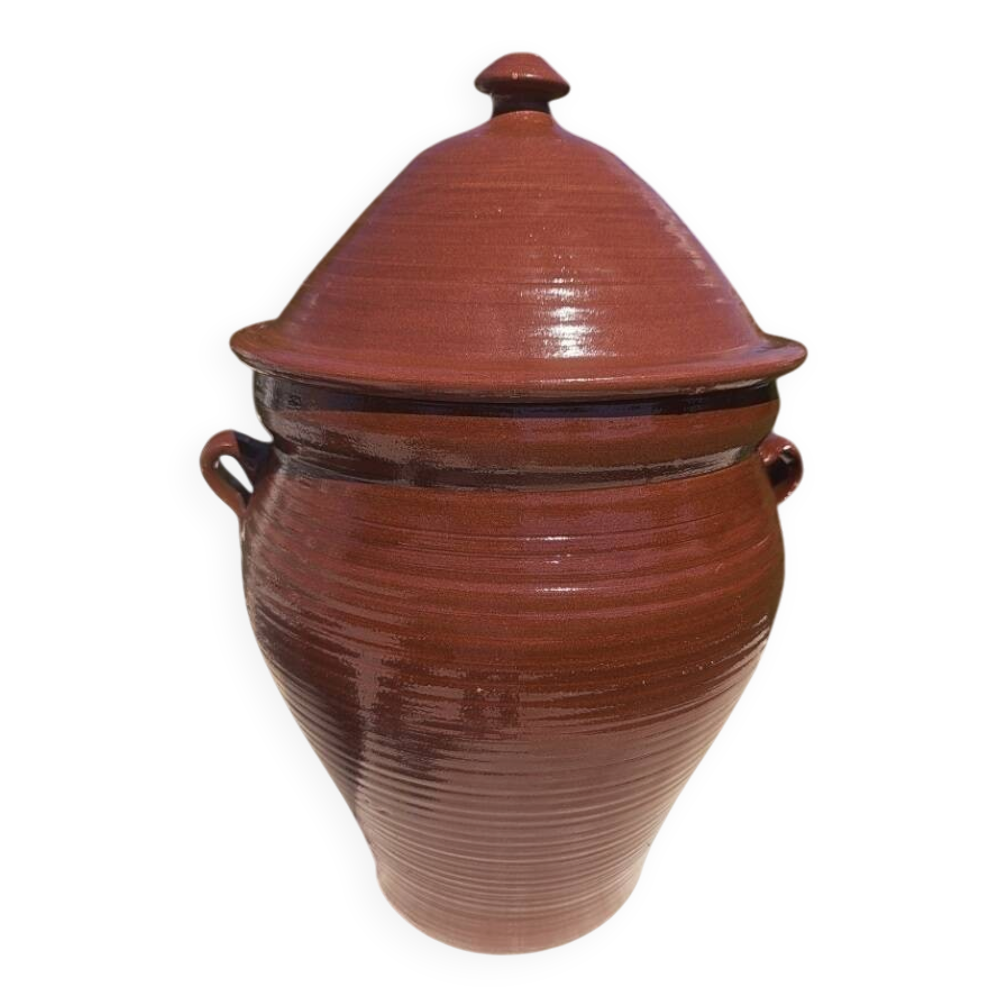 Large vintage glazed terracotta jar, cognac, with lid 🏺