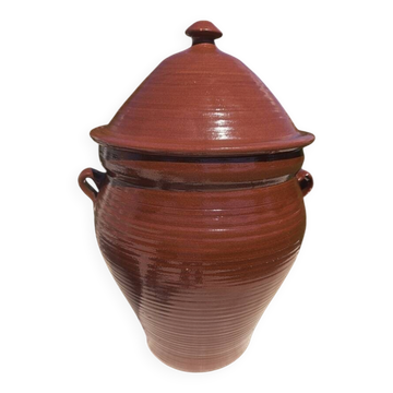 Grande jarre vintage en terre cuite vernissée, cognac, avec couvercle 🏺