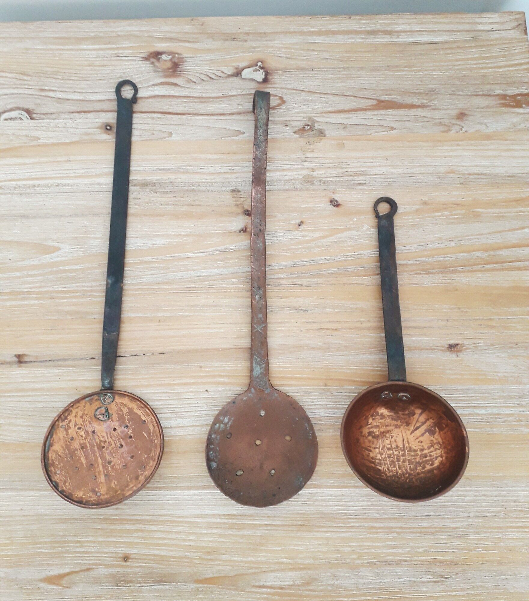 Old copper kitchen utensils - Skimmers x 3 - 1920