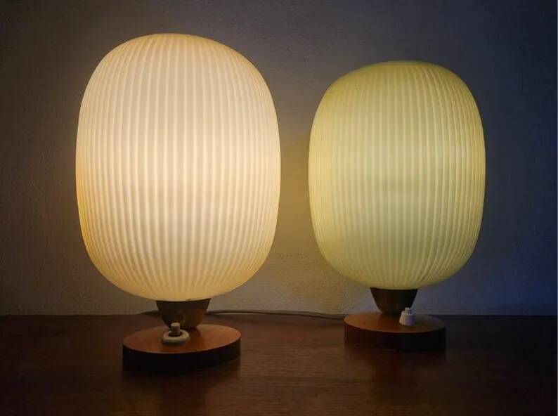 Rare Pair of Table Lamps, Glass and Wood, 1960s