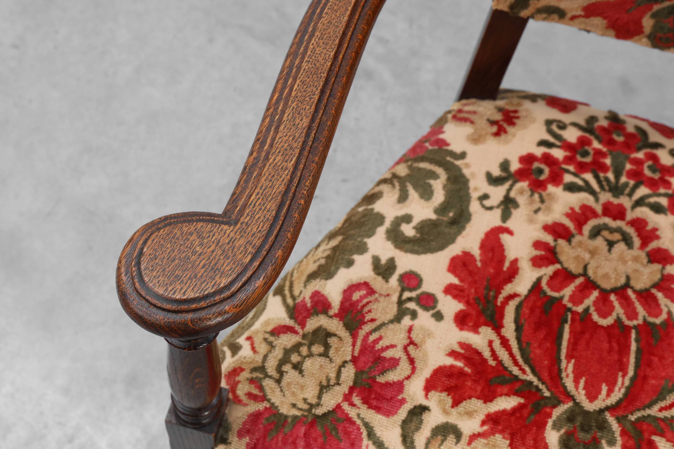 Antique oak Louis XIII style chair with floral upholstery, France ca. 1890