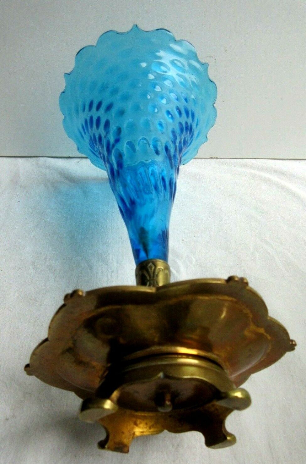 Napoleon III vase conical blue glass on cup and brass foot