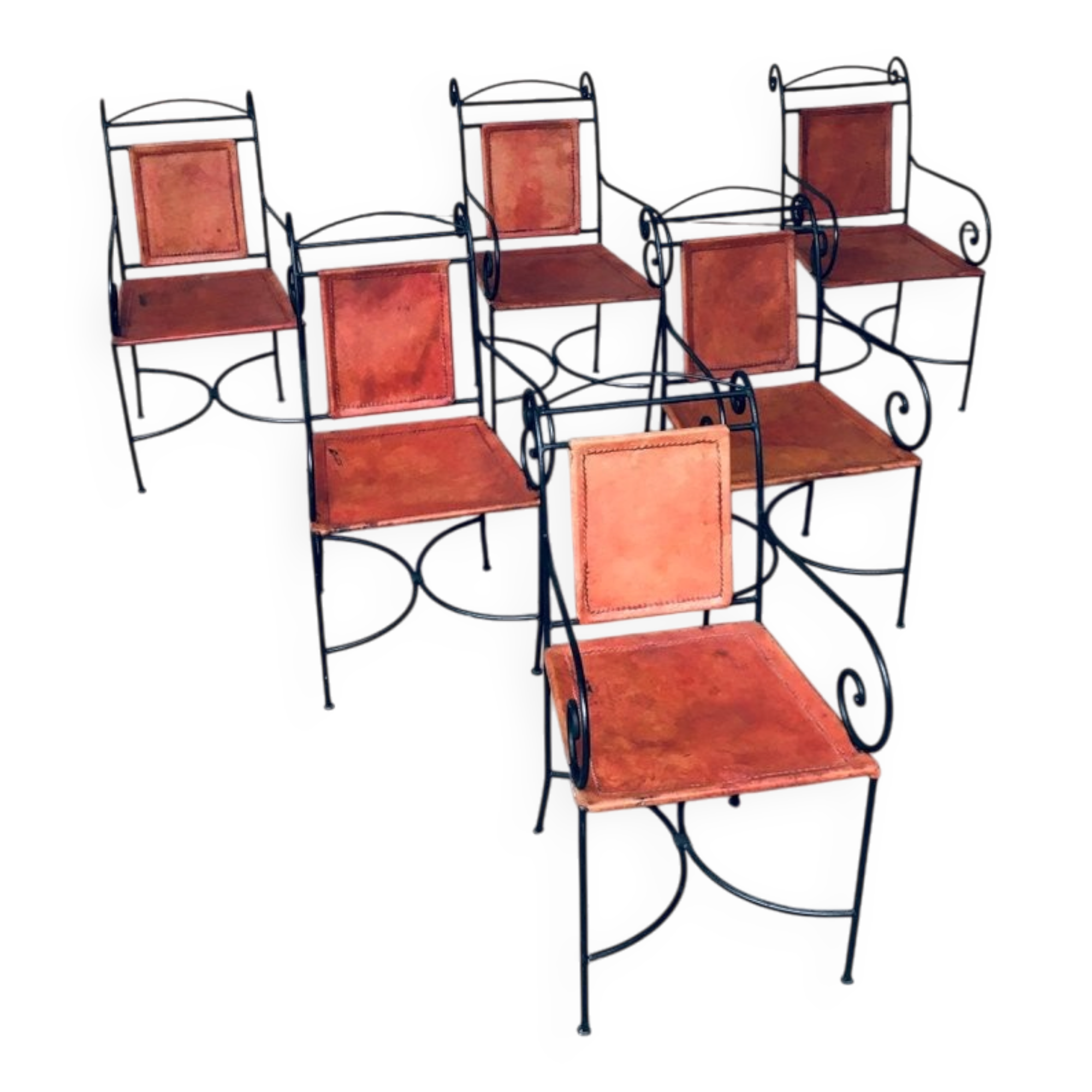 Wrought Iron and Leather Swirl Dining Chairs, Spain, 1960s, Set of 6